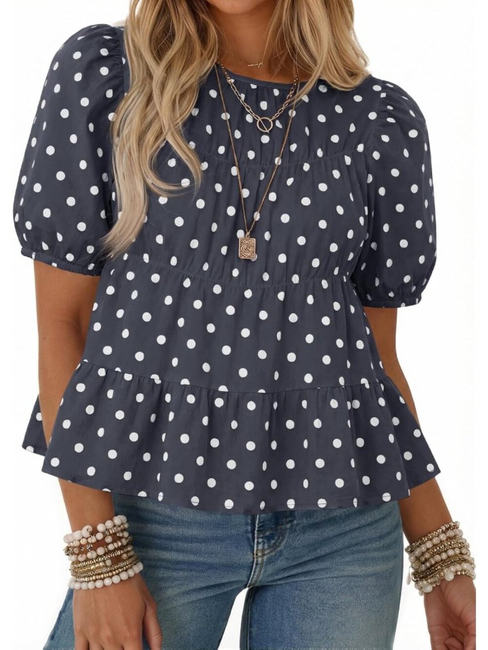 Womens Puff Sleeve Peplum Babydoll Tops Summer T-Shirts Blouse